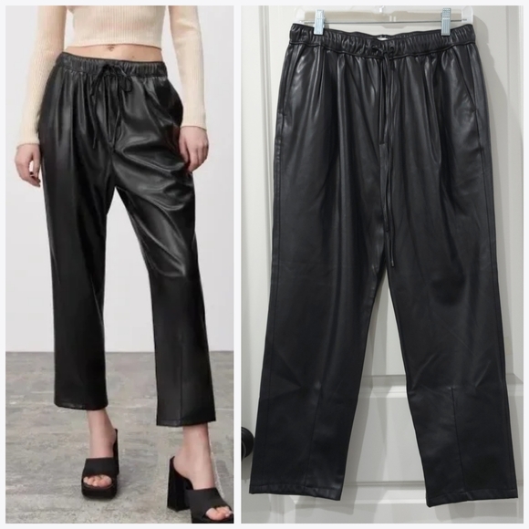 ZARA Nwot Black Faux Leather Straigh Leg Pants, Elastic Drawstring Waist, Size M - Picture 1 of 16